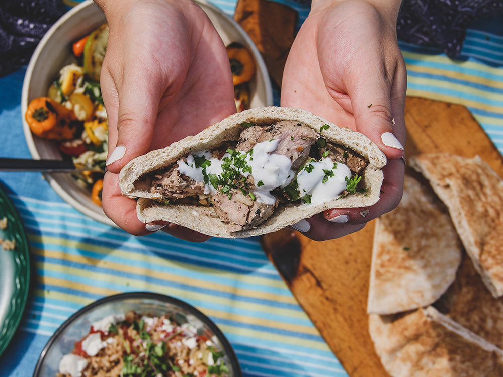 Dockside Grilled Santorini Pork Souvlaki Pita Pockets