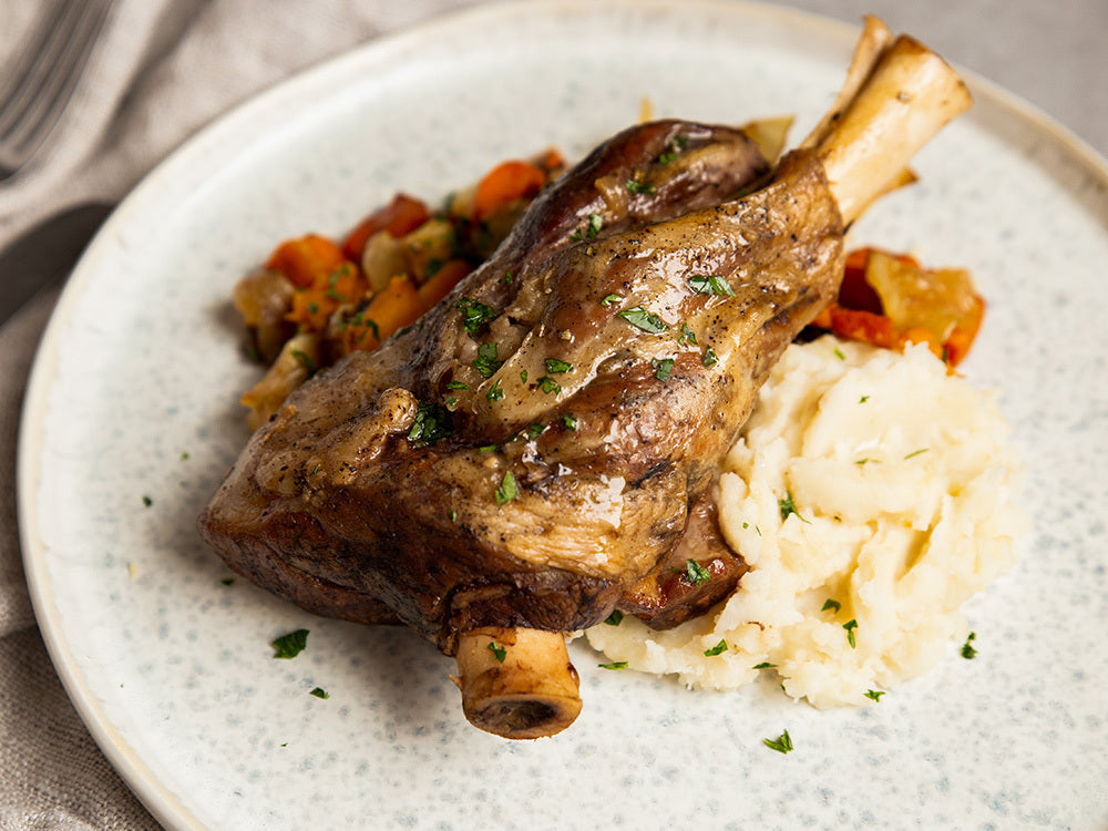 Braised Lamb Shank with Roasted Garlic and Onions